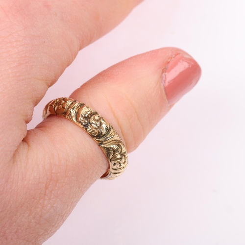 1318 - A 19th century foliate wedding band ring, apparently unmarked, band width 5.6mm, size R, 3.4g