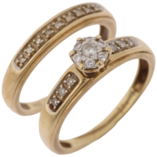 1324 - A modern 9ct gold diamond engagement and quarter eternity ring set, each band width 4.4mm, size P, 4... 