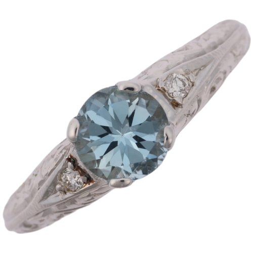 1327 - A modern 18ct white gold aquamarine and diamond dress ring, in Art Deco style, claw set with 0.7ct r... 