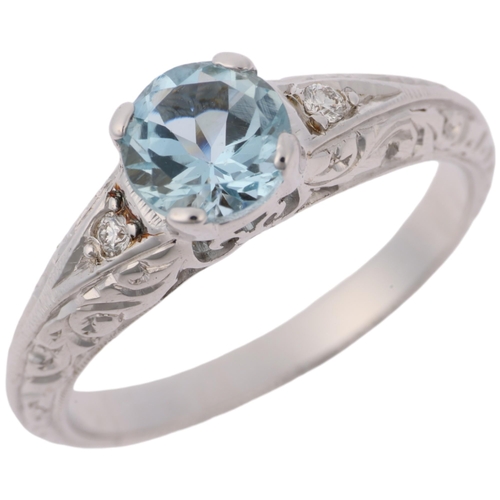 1327 - A modern 18ct white gold aquamarine and diamond dress ring, in Art Deco style, claw set with 0.7ct r... 