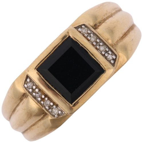 1332 - A large modern 9ct gold onyx and diamond signet ring, setting height 9.4mm, size V, 4.3g