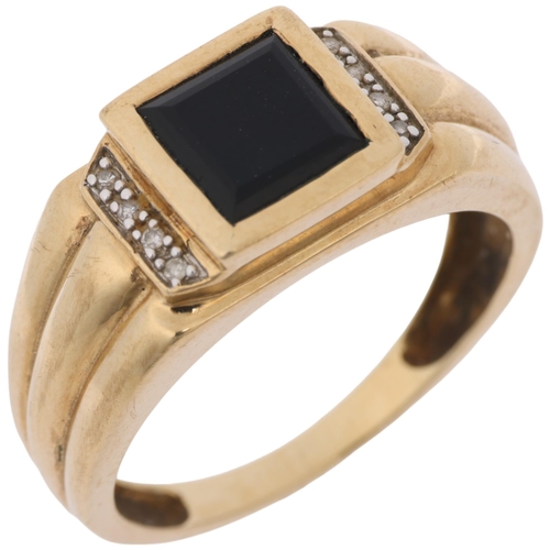 1332 - A large modern 9ct gold onyx and diamond signet ring, setting height 9.4mm, size V, 4.3g