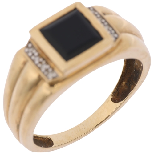 1332 - A large modern 9ct gold onyx and diamond signet ring, setting height 9.4mm, size V, 4.3g