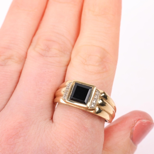 1332 - A large modern 9ct gold onyx and diamond signet ring, setting height 9.4mm, size V, 4.3g