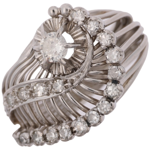 1334 - A mid-20th century diamond openwork eye cocktail ring, set with round brilliant and eight-cut diamon... 