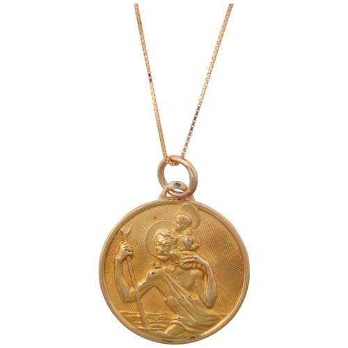 1335 - An Italian 18ct gold St Christopher pendant necklace, on 9ct fine box link chain, pendant 19.1mm, ch... 