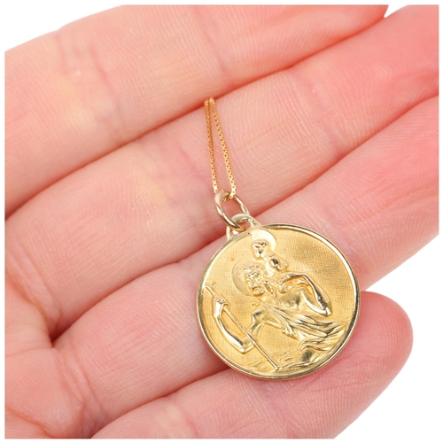 1335 - An Italian 18ct gold St Christopher pendant necklace, on 9ct fine box link chain, pendant 19.1mm, ch... 