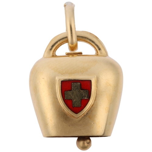 1345 - An Italian 18ct gold and red enamel novelty Swiss flag cowbell charm/pendant, 18.6mm, 3.2g