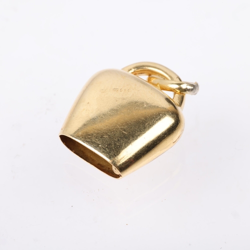 1345 - An Italian 18ct gold and red enamel novelty Swiss flag cowbell charm/pendant, 18.6mm, 3.2g