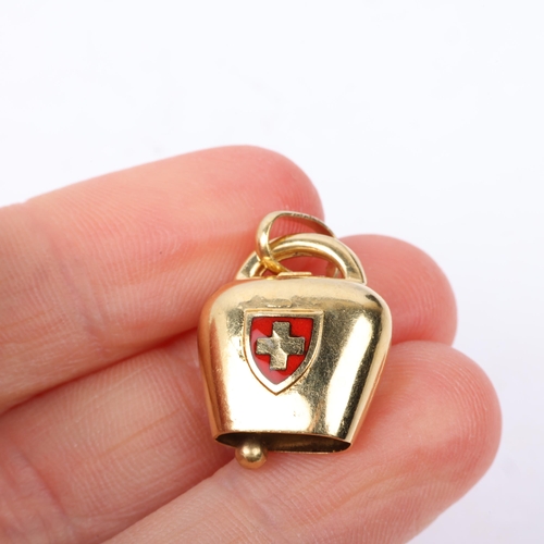 1345 - An Italian 18ct gold and red enamel novelty Swiss flag cowbell charm/pendant, 18.6mm, 3.2g