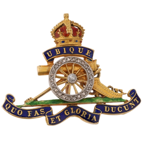 1349 - An early 20th century 18ct gold diamond and enamel Royal Artillery military sweetheart brooch, 34.8m... 