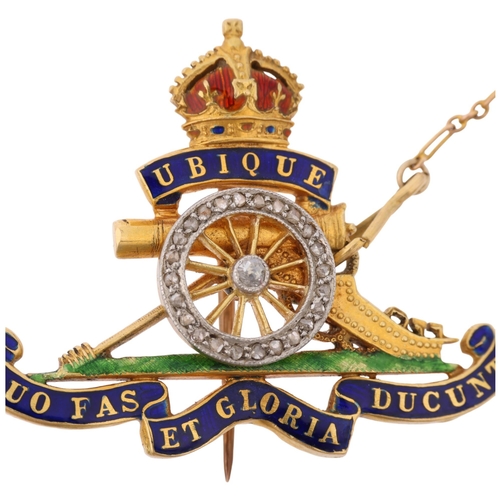 1349 - An early 20th century 18ct gold diamond and enamel Royal Artillery military sweetheart brooch, 34.8m... 