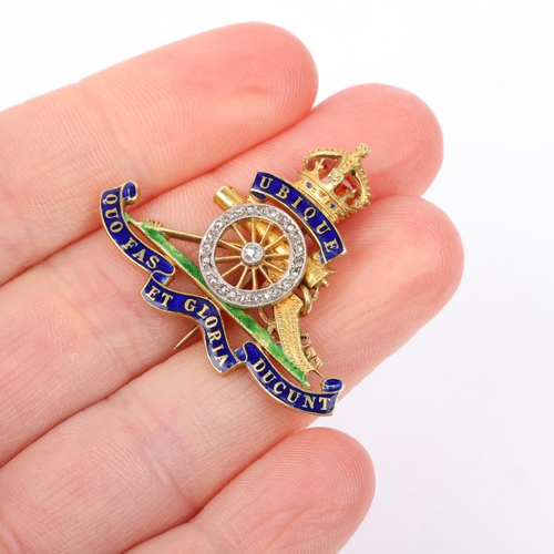 1349 - An early 20th century 18ct gold diamond and enamel Royal Artillery military sweetheart brooch, 34.8m... 