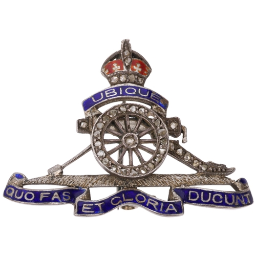 1350 - An early 20th century silver diamond and enamel Royal Artillery military sweetheart brooch, 40.9mm, ... 