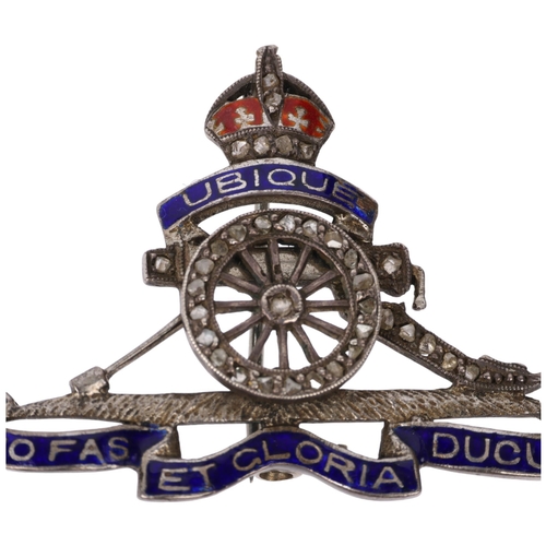 1350 - An early 20th century silver diamond and enamel Royal Artillery military sweetheart brooch, 40.9mm, ... 