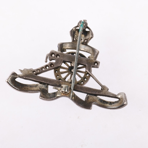 1350 - An early 20th century silver diamond and enamel Royal Artillery military sweetheart brooch, 40.9mm, ... 