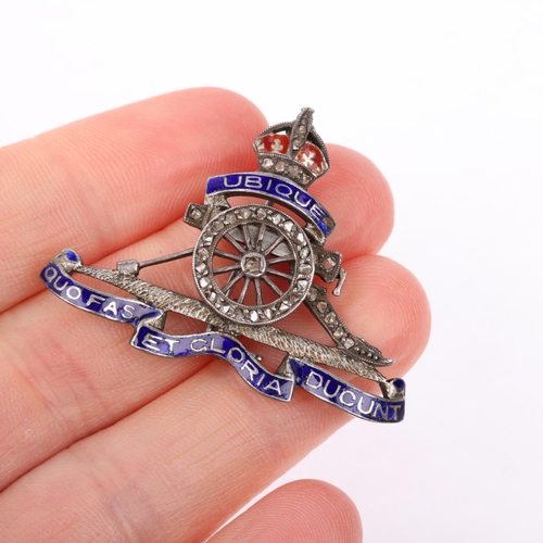 1350 - An early 20th century silver diamond and enamel Royal Artillery military sweetheart brooch, 40.9mm, ... 