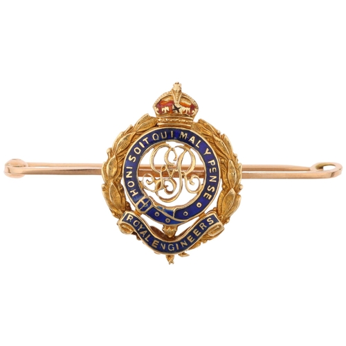 1351 - An early 20th century George V 15ct gold and enamel Royal Engineers military sweetheart bar brooch, ... 