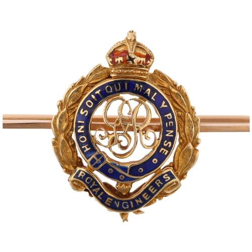 1351 - An early 20th century George V 15ct gold and enamel Royal Engineers military sweetheart bar brooch, ... 