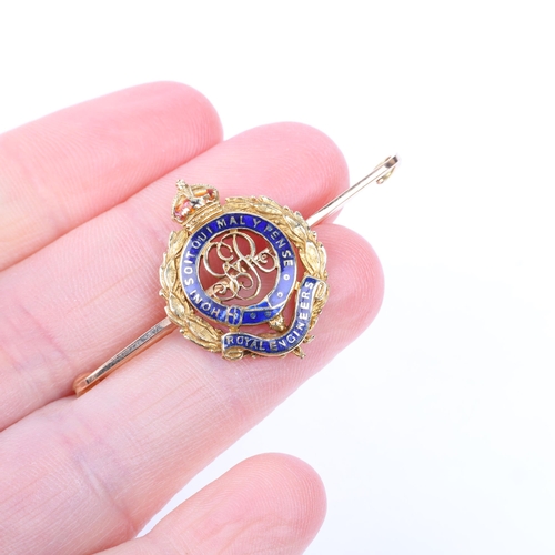 1351 - An early 20th century George V 15ct gold and enamel Royal Engineers military sweetheart bar brooch, ... 