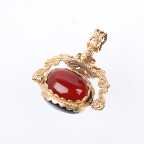 1353 - A late 20th century 9ct gold hardstone swivel fob, 30.9mm, 8g