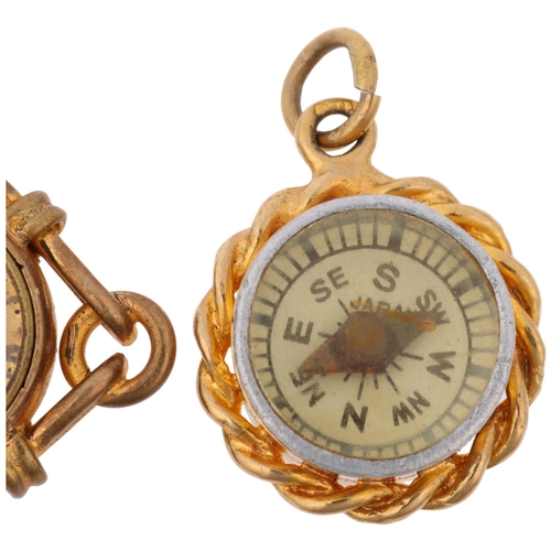 1355 - A mid-20th century 9ct gold novelty compass fob, 3.3g, and a similar early 20th century gilt-metal c... 