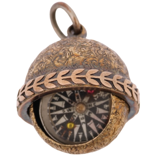 1356 - An Antique miniature gimballed compass fob, allover foliate engraved decoration, apparently unmarked... 