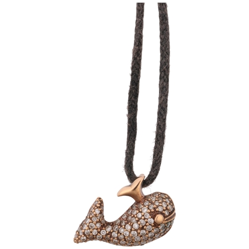 1361 - A modern 18ct rose gold pave diamond figural whale pendant necklace, indistinctly signed, on cord ch... 