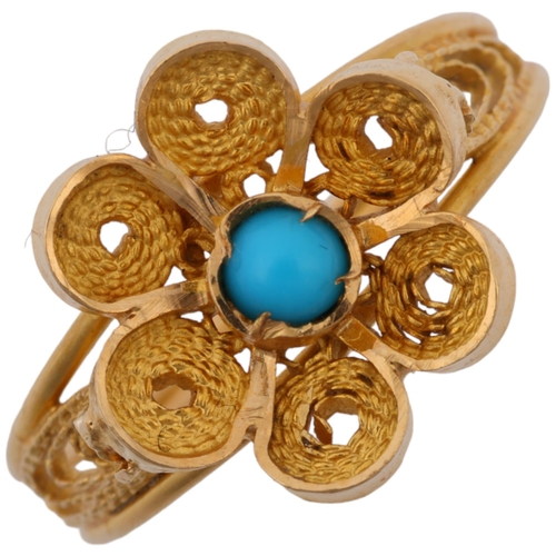 1364 - A Middle Eastern turquoise flowerhead ring, marked on shank, setting height 11.4mm, size L, 2.5g