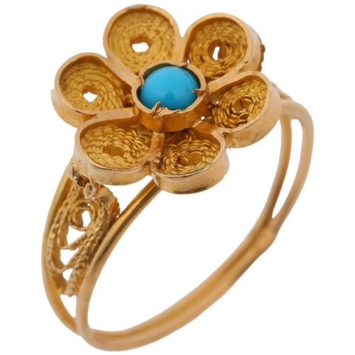 1364 - A Middle Eastern turquoise flowerhead ring, marked on shank, setting height 11.4mm, size L, 2.5g