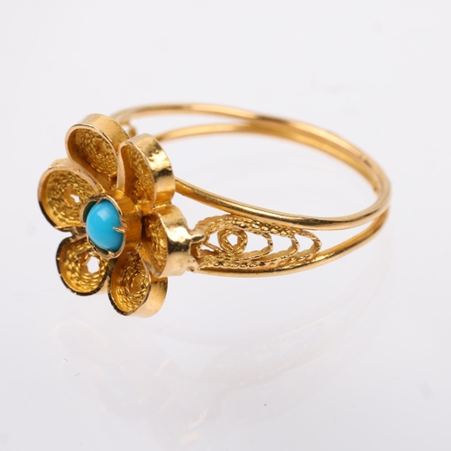 1364 - A Middle Eastern turquoise flowerhead ring, marked on shank, setting height 11.4mm, size L, 2.5g