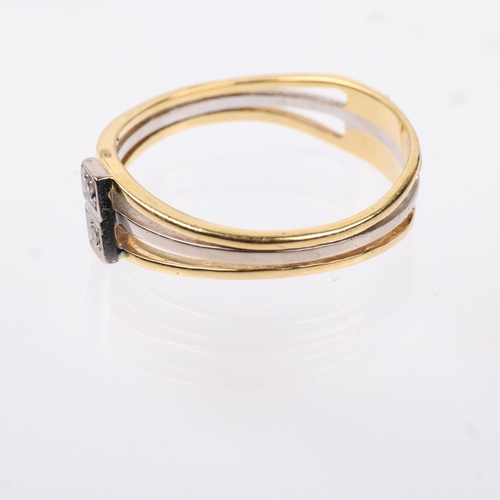 1365 - A modern two-colour gold two stone diamond band ring, apparently unmarked, setting height 5.3mm, siz... 