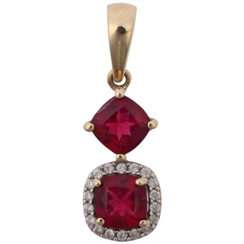 1366 - A modern 9ct gold rubellite tourmaline and diamond drop pendant, 22.6mm, 1.4g