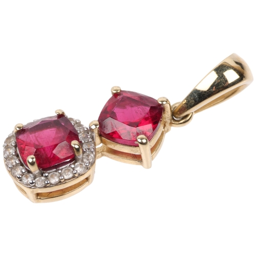 1366 - A modern 9ct gold rubellite tourmaline and diamond drop pendant, 22.6mm, 1.4g