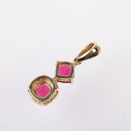 1366 - A modern 9ct gold rubellite tourmaline and diamond drop pendant, 22.6mm, 1.4g