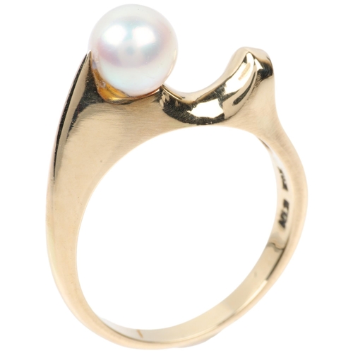 1367 - KJELD LARSEN - a Danish modernist 14k gold whole cultured pearl abstract dress ring, set with 6.8mm ... 