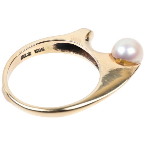 1367 - KJELD LARSEN - a Danish modernist 14k gold whole cultured pearl abstract dress ring, set with 6.8mm ... 