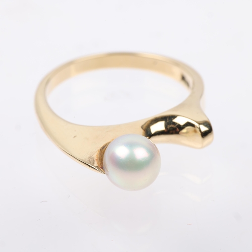 1367 - KJELD LARSEN - a Danish modernist 14k gold whole cultured pearl abstract dress ring, set with 6.8mm ... 