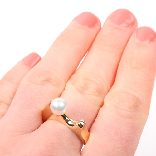 1367 - KJELD LARSEN - a Danish modernist 14k gold whole cultured pearl abstract dress ring, set with 6.8mm ... 