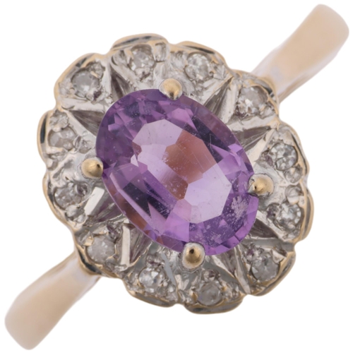 1370 - A late 20th century 9ct gold amethyst and diamond oval cluster ring, maker GJ, Birmingham 1988, claw... 