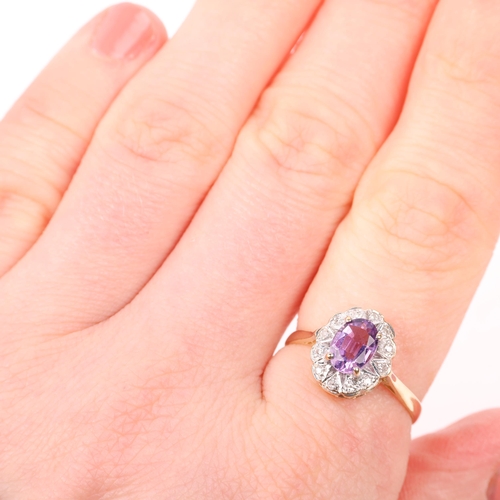 1370 - A late 20th century 9ct gold amethyst and diamond oval cluster ring, maker GJ, Birmingham 1988, claw... 