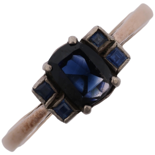 1375 - An Art Deco sapphire dress ring, apparently unmarked, setting height 6.4mm, size O, 2.1g