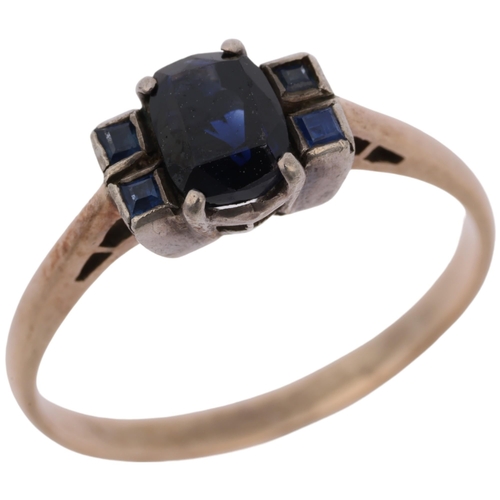 1375 - An Art Deco sapphire dress ring, apparently unmarked, setting height 6.4mm, size O, 2.1g