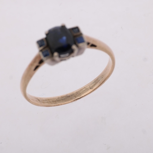 1375 - An Art Deco sapphire dress ring, apparently unmarked, setting height 6.4mm, size O, 2.1g