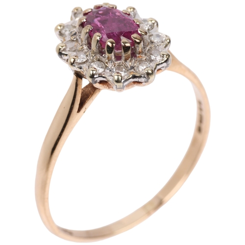 1377 - A late 20th century 9ct gold ruby and diamond oval cluster ring, maker MM Ltd, London 1983, setting ... 