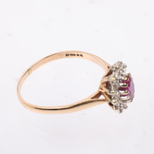 1377 - A late 20th century 9ct gold ruby and diamond oval cluster ring, maker MM Ltd, London 1983, setting ... 