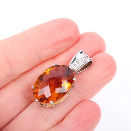 1380 - A modern 18ct white gold citrine and diamond drop pendant, set with oval rose-cut citrine and modern... 