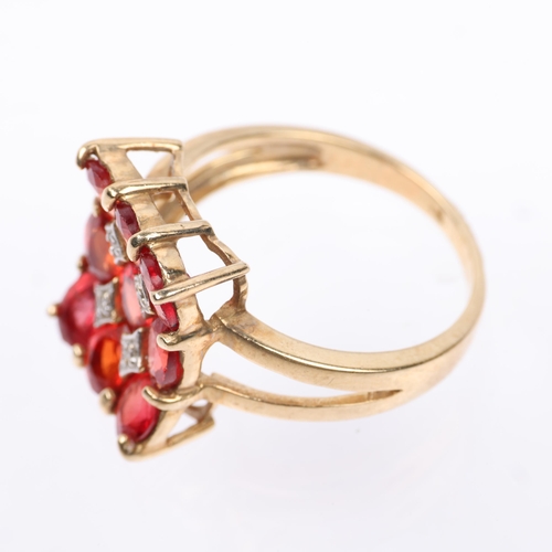 1383 - A modern 9ct gold orange sapphire and diamond panel ring, concave design set with oval mixed-cut sap... 