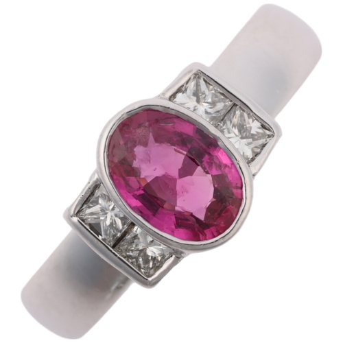 1384 - A modern 18ct white gold pink sapphire and diamond dress ring, rub-over set with 0.7ct oval mixed-cu... 