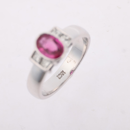 1384 - A modern 18ct white gold pink sapphire and diamond dress ring, rub-over set with 0.7ct oval mixed-cu... 